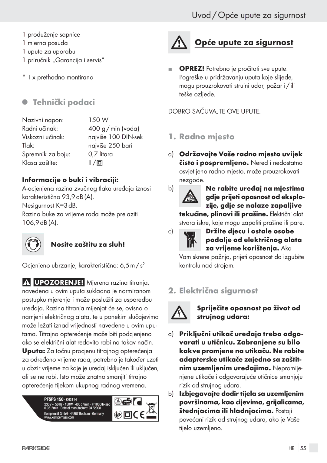 Parkside PFSPS150 manual Uvod / Opće upute za sigurnost, Tehnički podaci, Radno mjesto, Električna sigurnost 